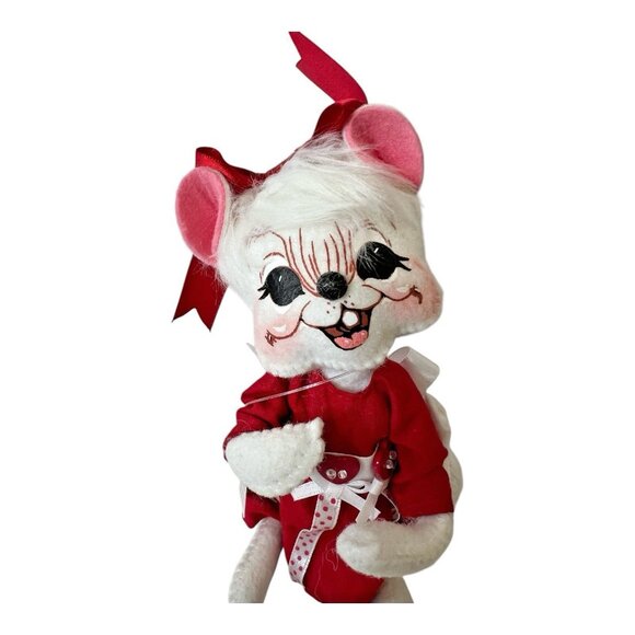 Annalee Dolls Valentine Girl Mouse 6" Poseable Plush Tags Handmade White Red - Picture 2 of 10